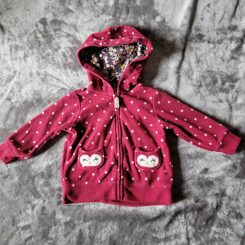 Carter's Fleece Hoodie Baby 6M Pink Excellent Polka Dot Owl Pockets Zip Up 737